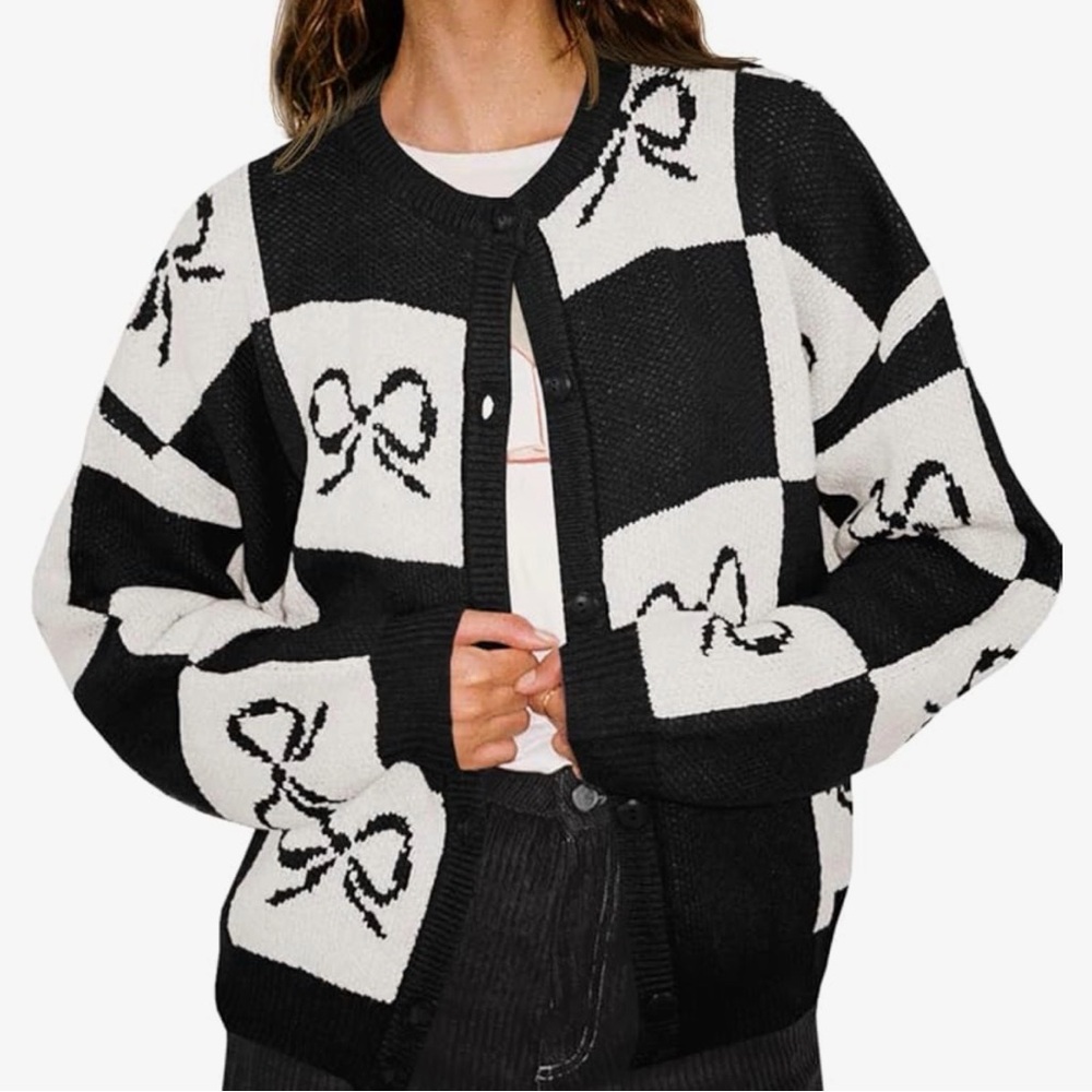 Womens Checkered Sweater Bow Color Block Plaid Cardigan